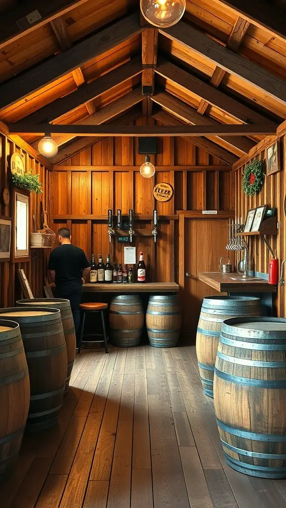 27+ Creative Party Shed Ideas 5 A cozy craft beer shed with wooden walls, barrels, and a bar area.