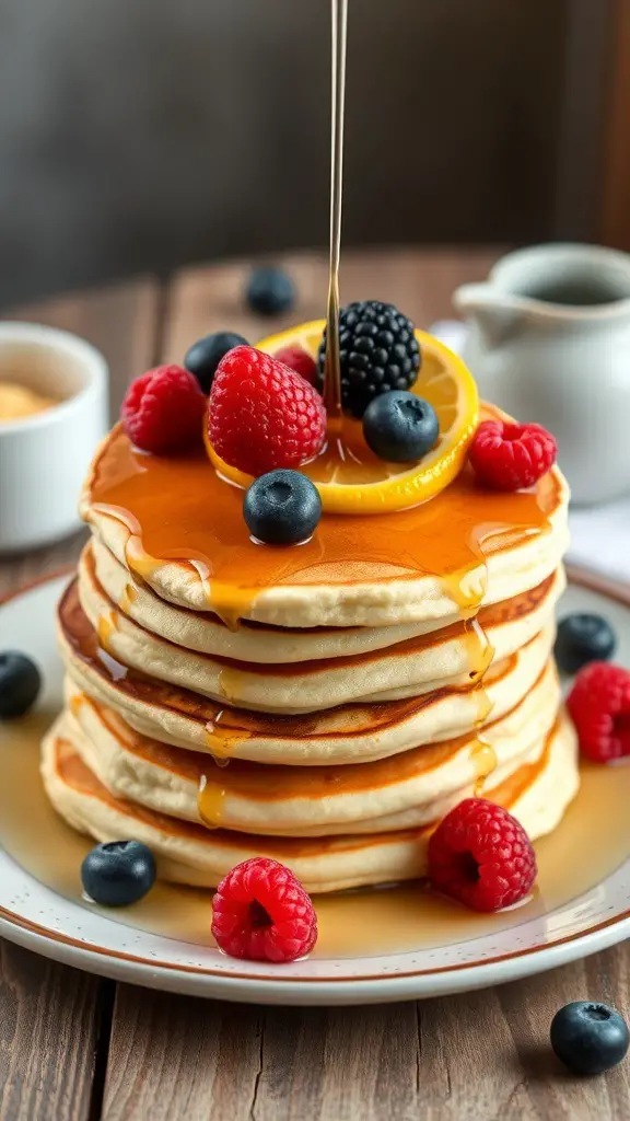 45+ Creative Mother's Day Brunch Ideas 9 A stack of fluffy lemon ricotta pancakes topped with berries and syrup.