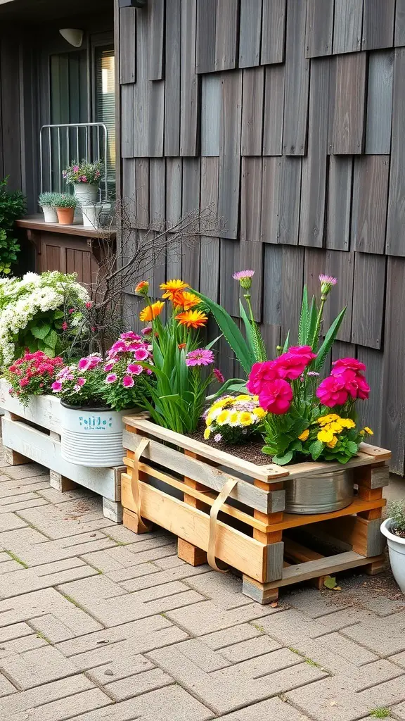 Colorful flowers in upcycled wooden pallet planters