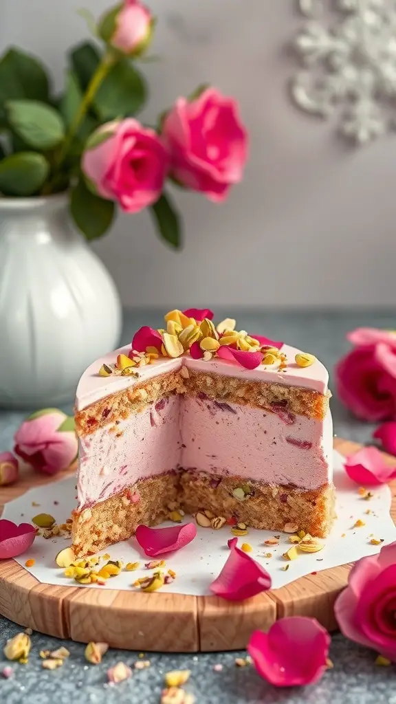 A beautifully layered rose and pistachio cake with pink frosting, topped with crushed pistachios and rose petals.