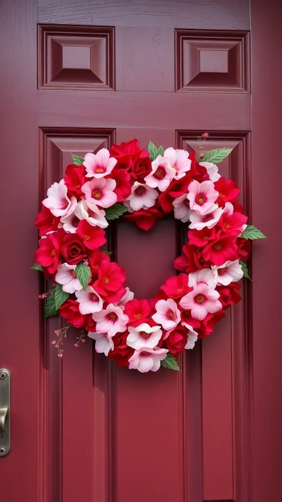 A vibrant red and pink flower wreath on a red door.