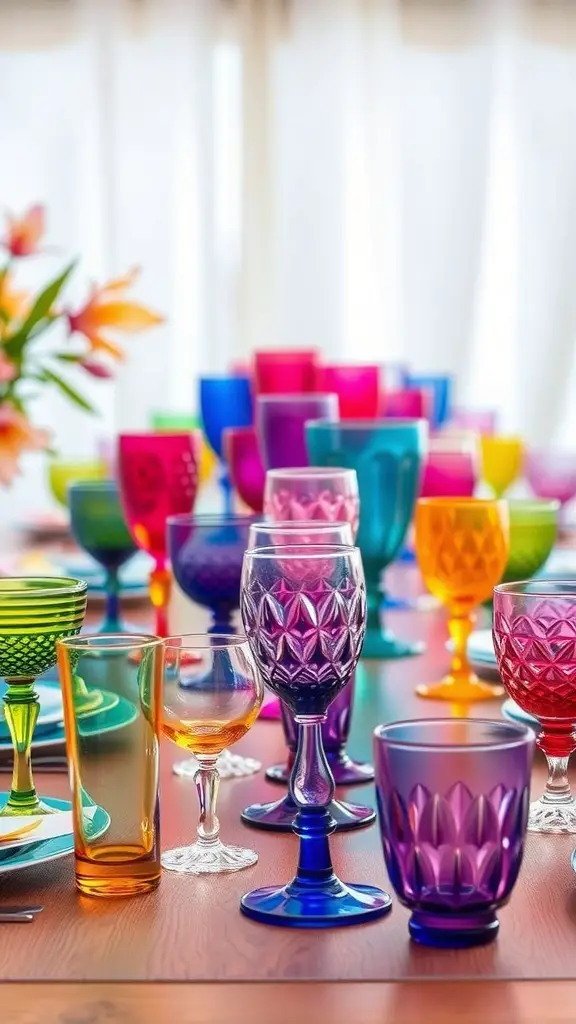 A vibrant display of colorful glassware arranged on a table, featuring various shapes and sizes.