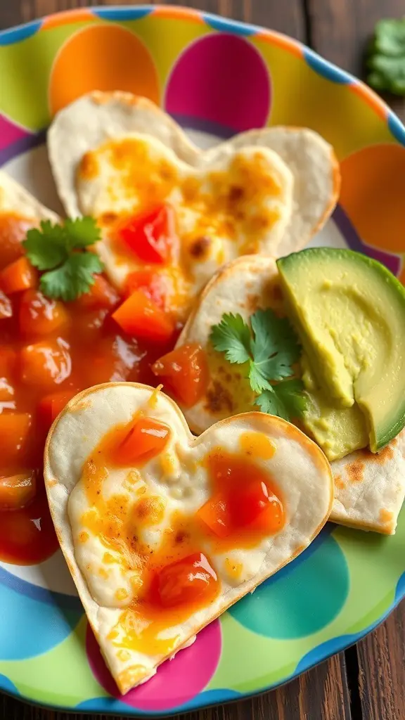 Heart-shaped cheese quesadillas on a colorful plate with salsa and avocado