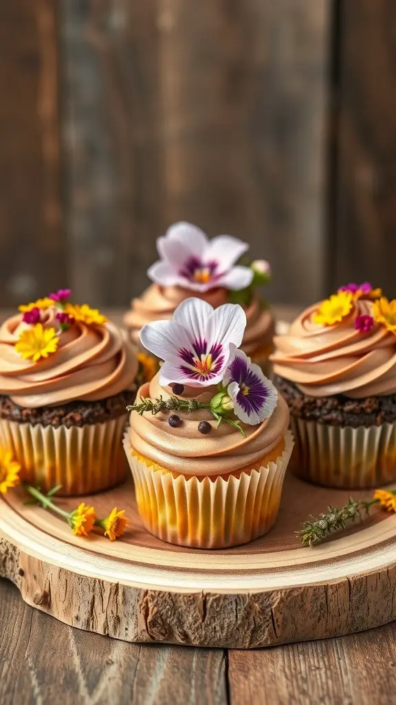 Rustic garden cupcakes with edible flowers on top