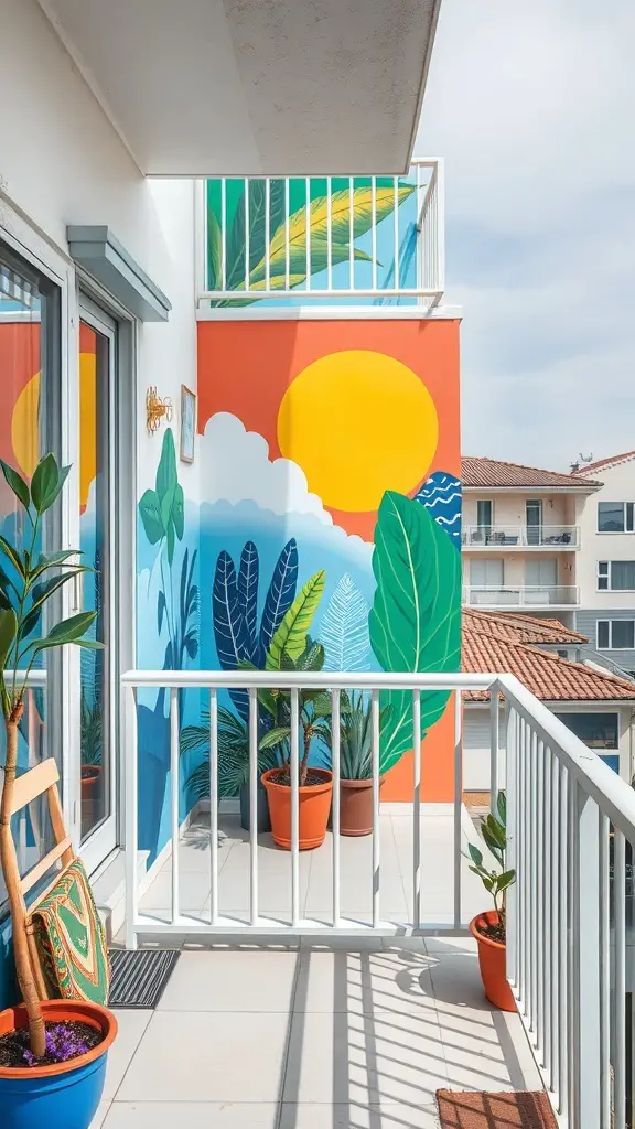 27+ Inspiring Flat Balcony Ideas 9 A flat balcony featuring a colorful mural with a sun, clouds, and leaves, surrounded by potted plants.