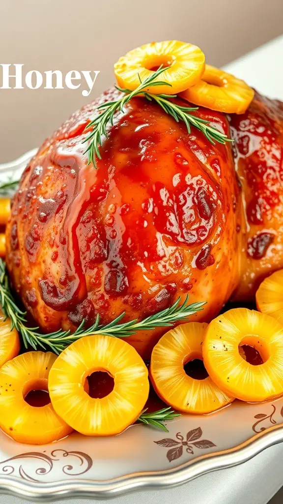 A beautifully glazed honey ham topped with pineapple slices, garnished with rosemary.