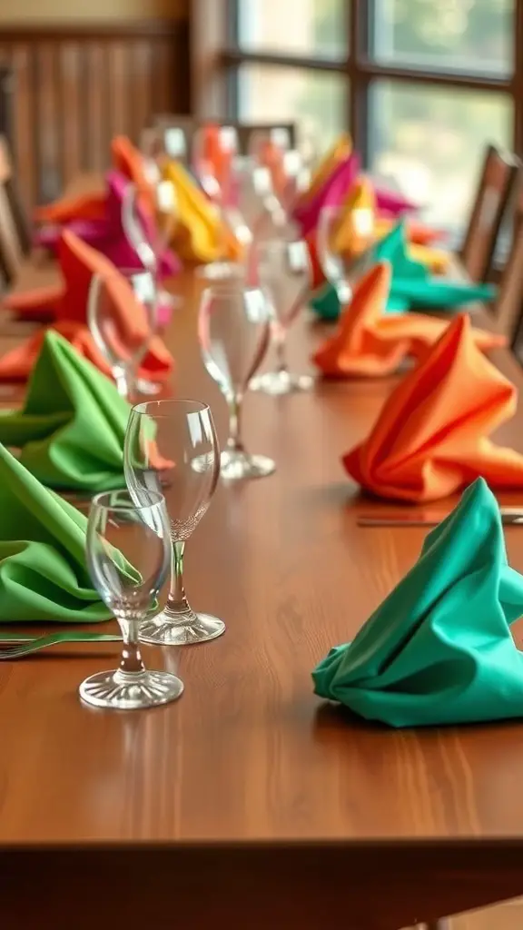 A dining table set with brightly colored napkins in orange, pink, green, and blue, alongside clear glassware.