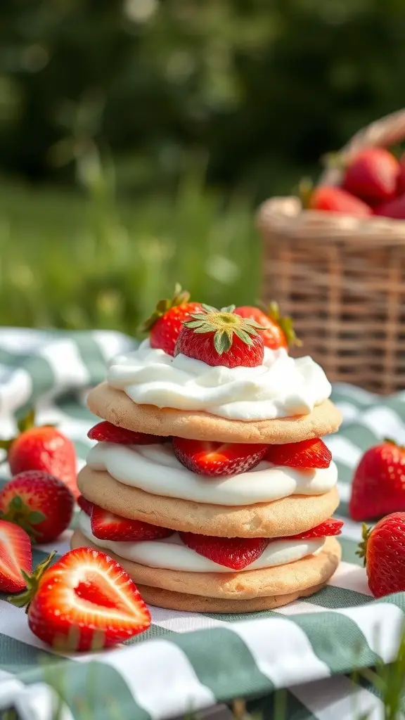 A stack of strawberry shortcake cookies with whipped cream and fresh strawberries on a picnic blanket.