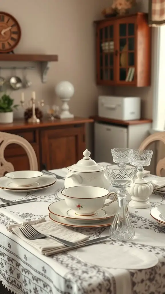 A beautifully set kitchen table featuring vintage tableware, including china cups, a teapot, and crystal glassware.