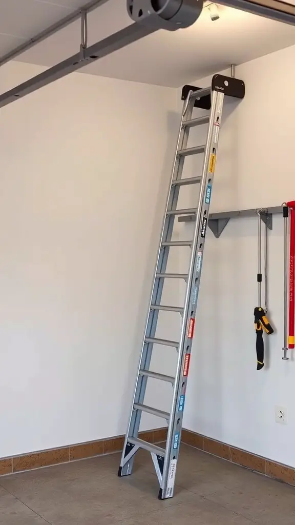 A ladder leaning against the wall in a garage, showcasing a storage solution.