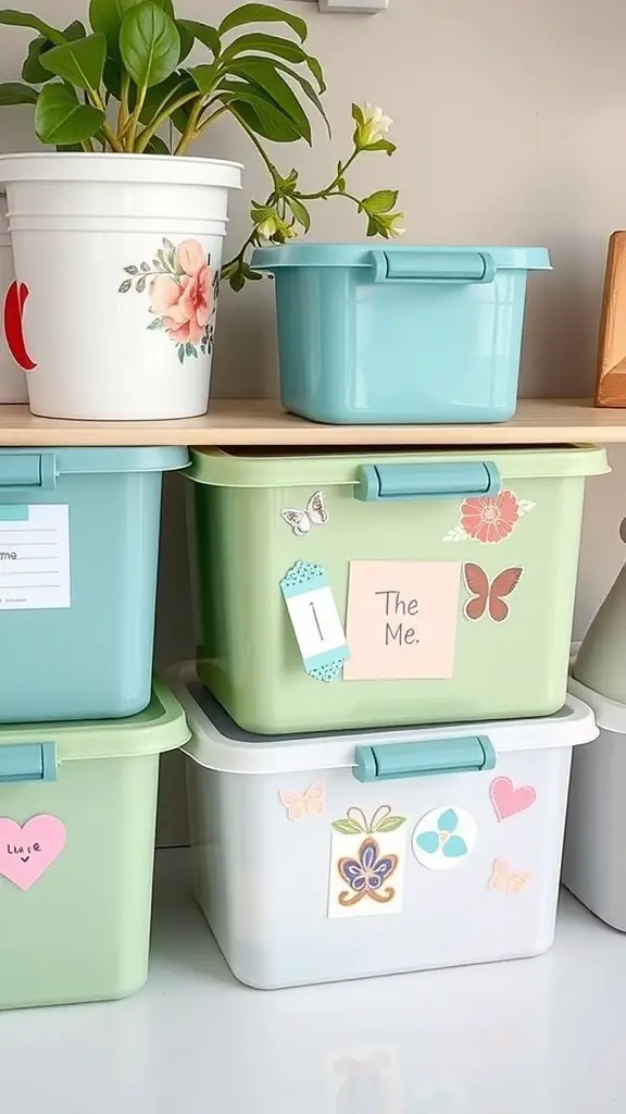 Colorful plastic storage boxes with stickers and labels on a shelf, alongside a potted plant.