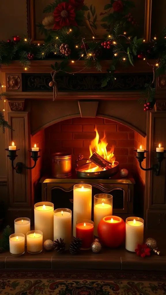 A cozy fireplace decorated with various scented candles, creating a warm atmosphere.
