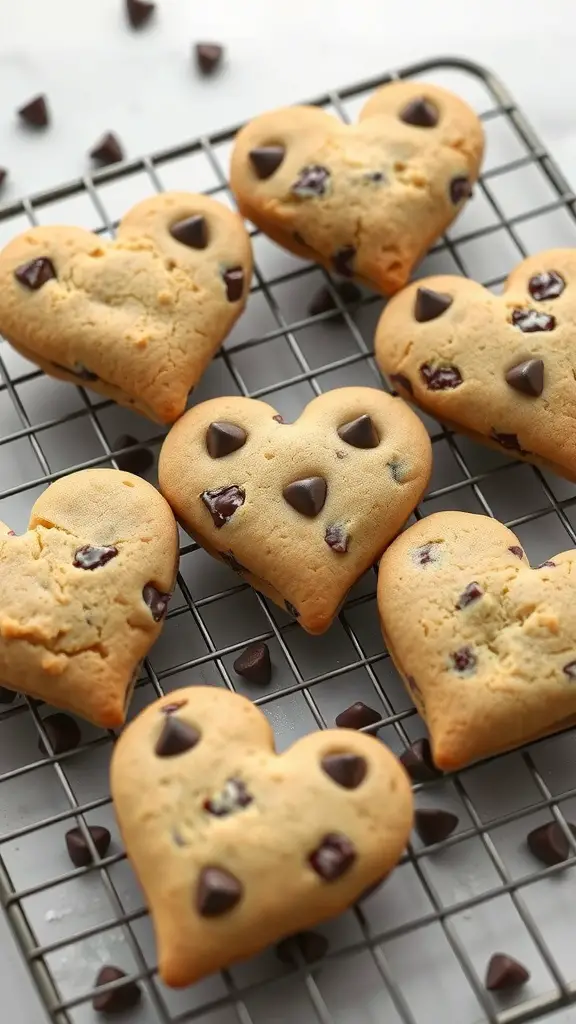 Heart-shaped chocolate chip cookies on a cooling rack