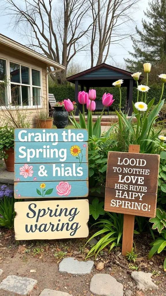 Colorful painted wooden signs in a garden setting, featuring spring themes.