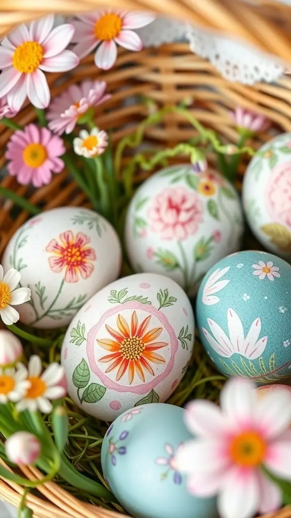 A basket filled with hand-painted Easter eggs and colorful flowers.