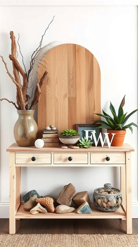 A nature-inspired entryway table with a wooden base, dried branches in a vase, potted succulents, and decorative stones.