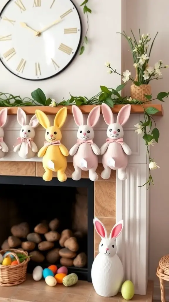 A colorful bunny garland hanging on a mantel with decorative elements for Easter.
