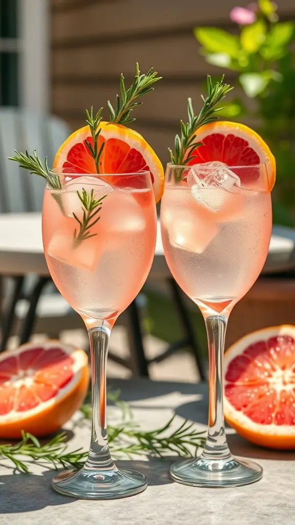 Two glasses of pink grapefruit and rosemary spritzers with ice and garnishes