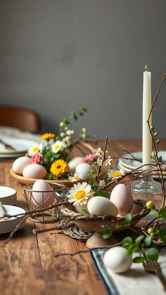 A rustic table setting featuring pastel eggs, flowers, and a candle for Easter decor.