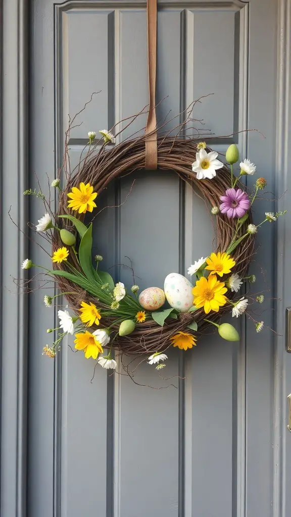 A rustic wreath made of twigs adorned with yellow flowers, white blooms, and decorative eggs, hanging on a gray door.