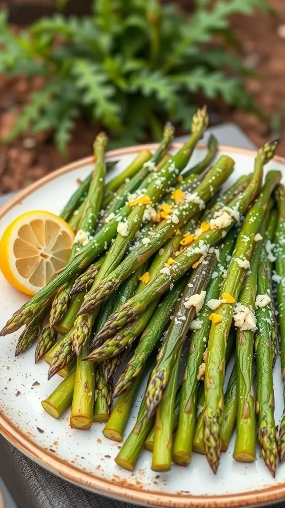 A plate of grilled asparagus garnished with lemon zest and cheese, set against a natural background.