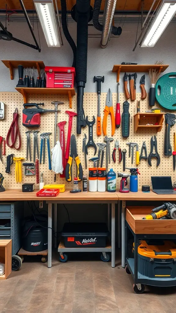 A well-organized workshop with a pegboard displaying various tools and supplies.
