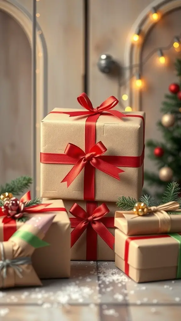 29+ Creative Upcycled Valentine’s Day Decorations to Make This Year 3 Beautifully wrapped cardboard gift boxes with red ribbons, perfect for Valentine's Day decorations.