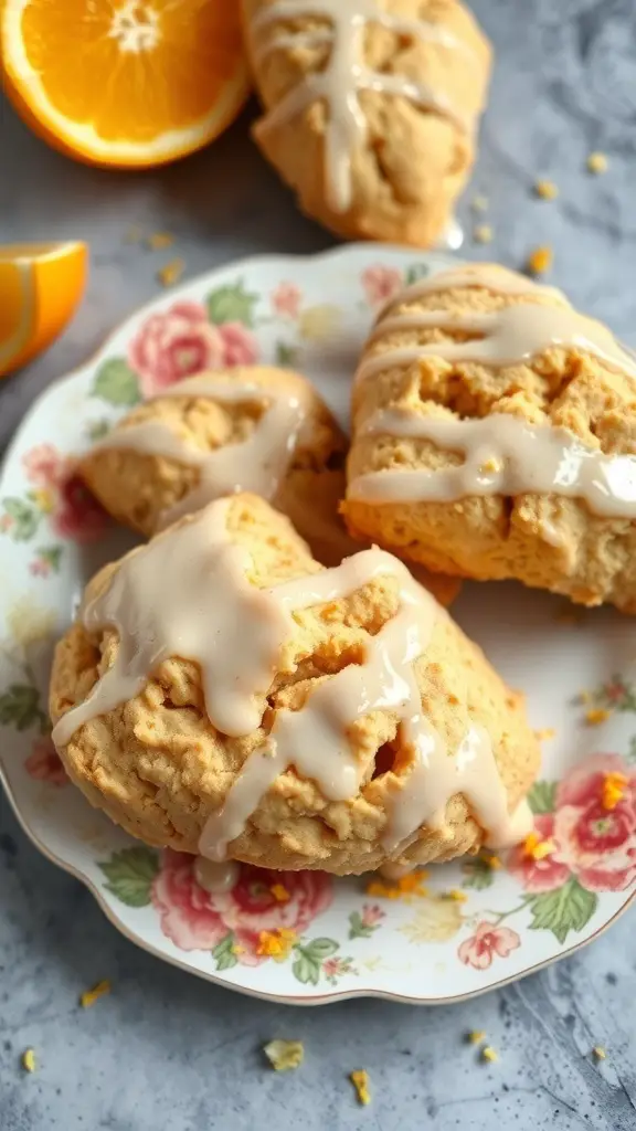 Orange cardamom scones drizzled with glaze on a floral plate