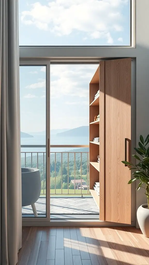 29+ Inspiring Balcony Cabinet Ideas 10 A wooden sliding door cabinet on a balcony with a view of nature