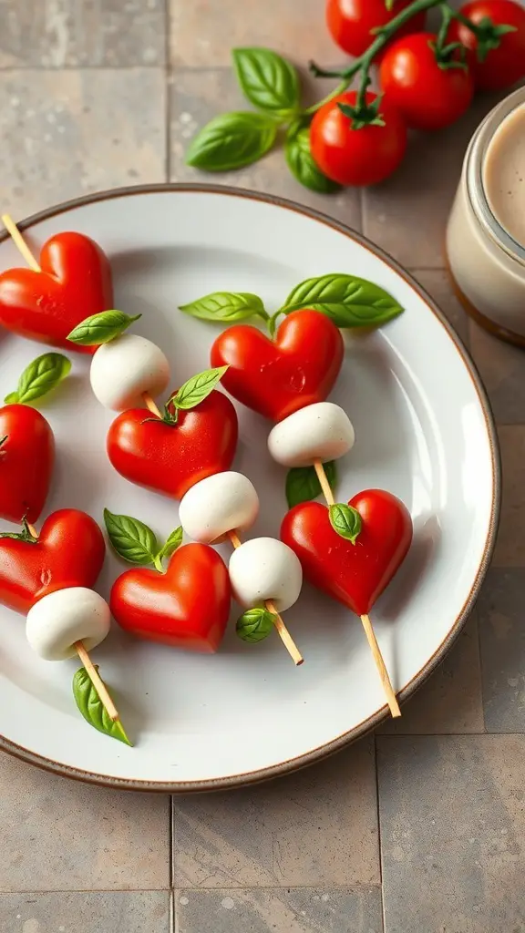 Heart-shaped Caprese skewers with cherry tomatoes, mozzarella, and basil on a plate.