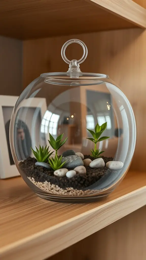A glass terrarium containing small plants and pebbles on a wooden shelf.