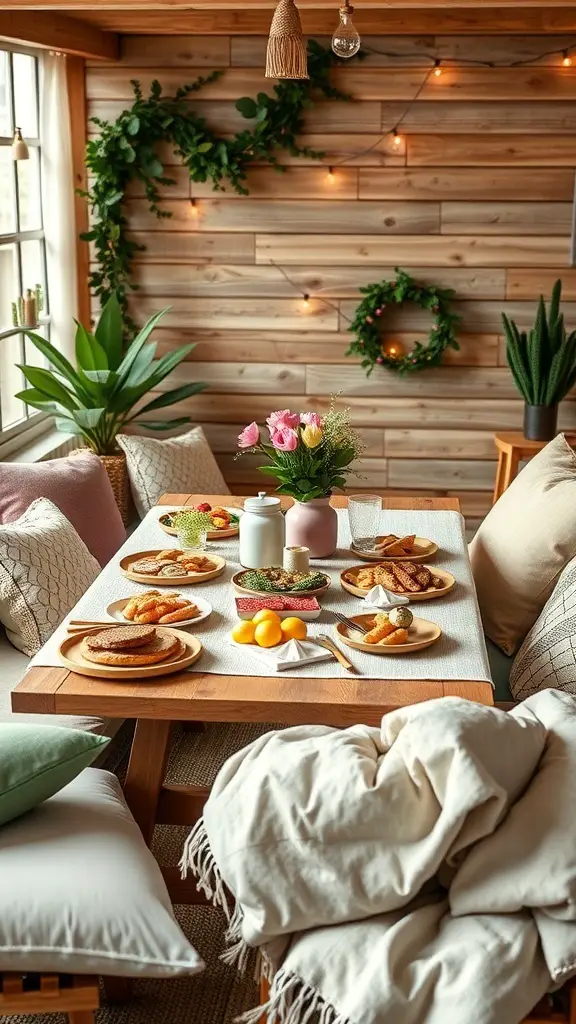 Cozy indoor picnic setting with a wooden table filled with food, soft pillows, and plants.