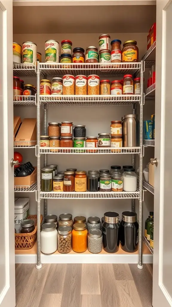 Organized pantry with tiered racks displaying jars and containers.