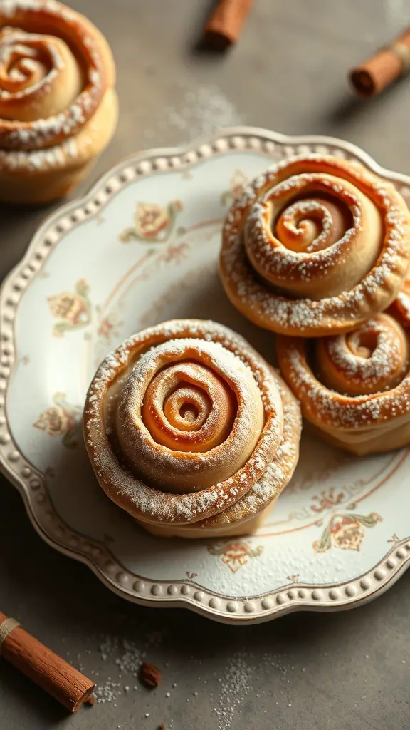A plate of cinnamon roll roses dusted with powdered sugar, with cinnamon sticks in the background.