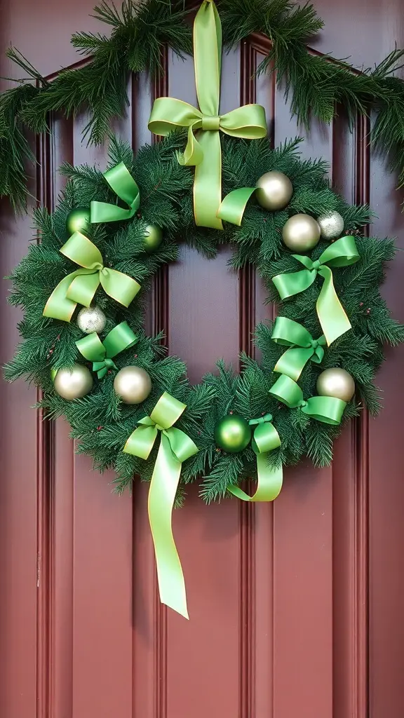 A green wreath decorated with gold and green ornaments and ribbons, hanging on a brown door.