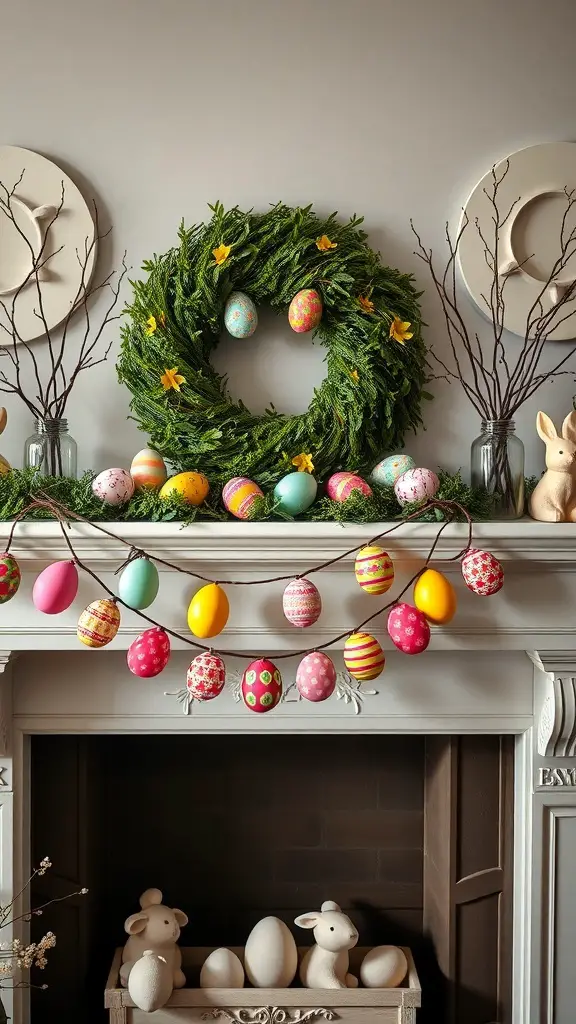 Colorful decorative egg garland displayed on a mantel with a wreath and spring decorations.