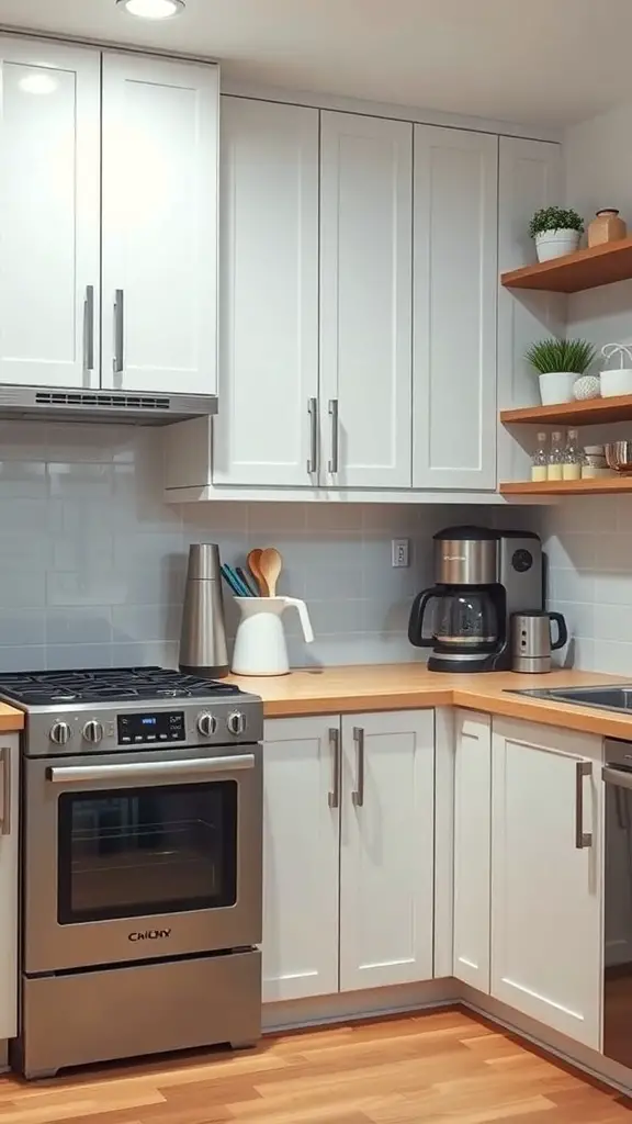 A modern kitchen with voice-controlled cooking appliances, featuring a stove, coffee maker, and clean countertops.