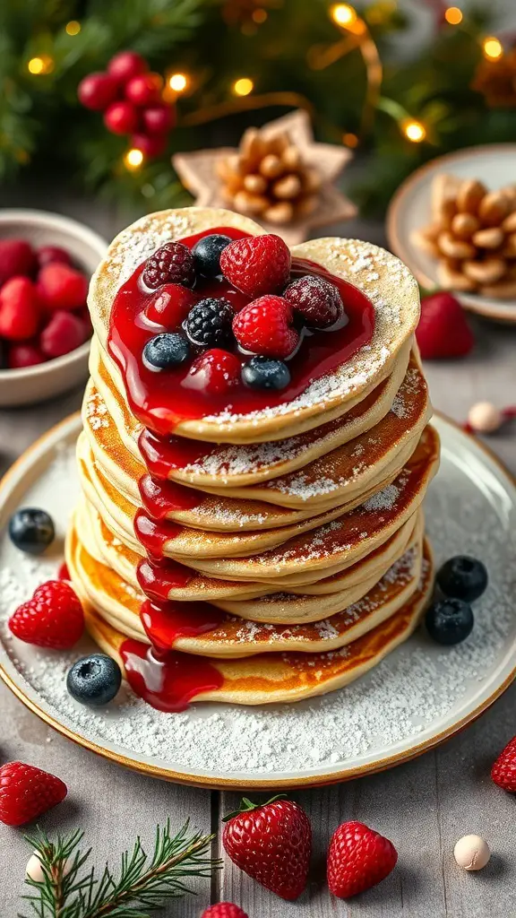 A stack of heart-shaped pancakes topped with berry compote and fresh berries.