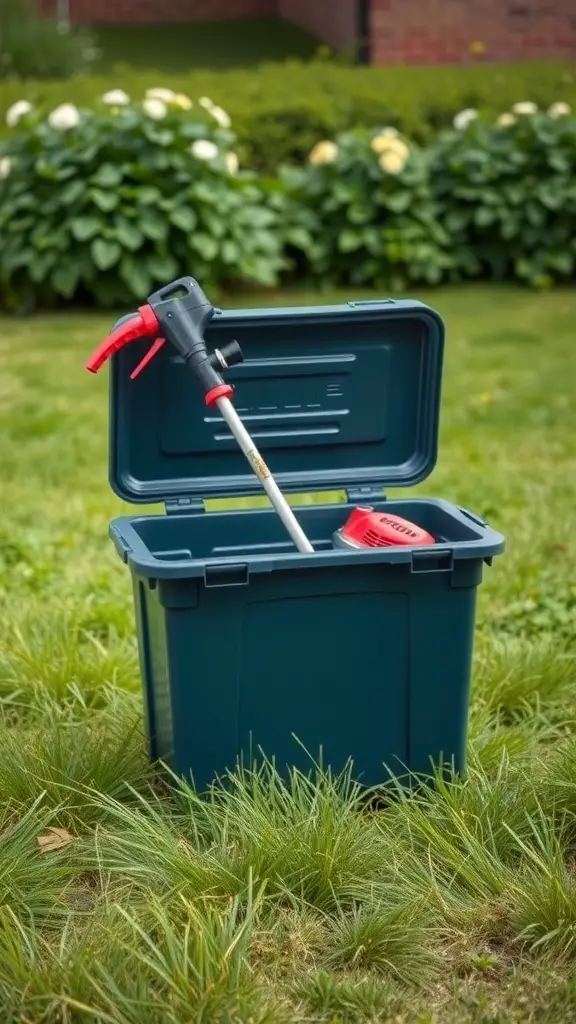 A portable storage box with a weedeater inside, set on grass.