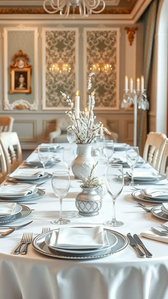 A beautifully set dining table with white and silver accents, featuring elegant plates, glassware, and a centerpiece of white branches and candles.