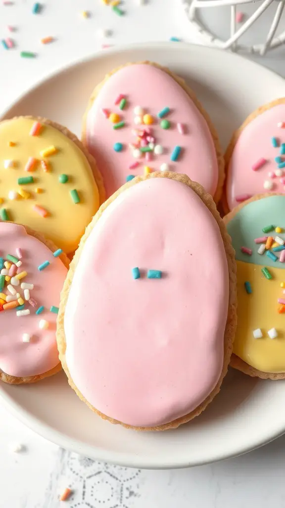 Colorful Easter egg cookies decorated with icing and sprinkles on a plate.