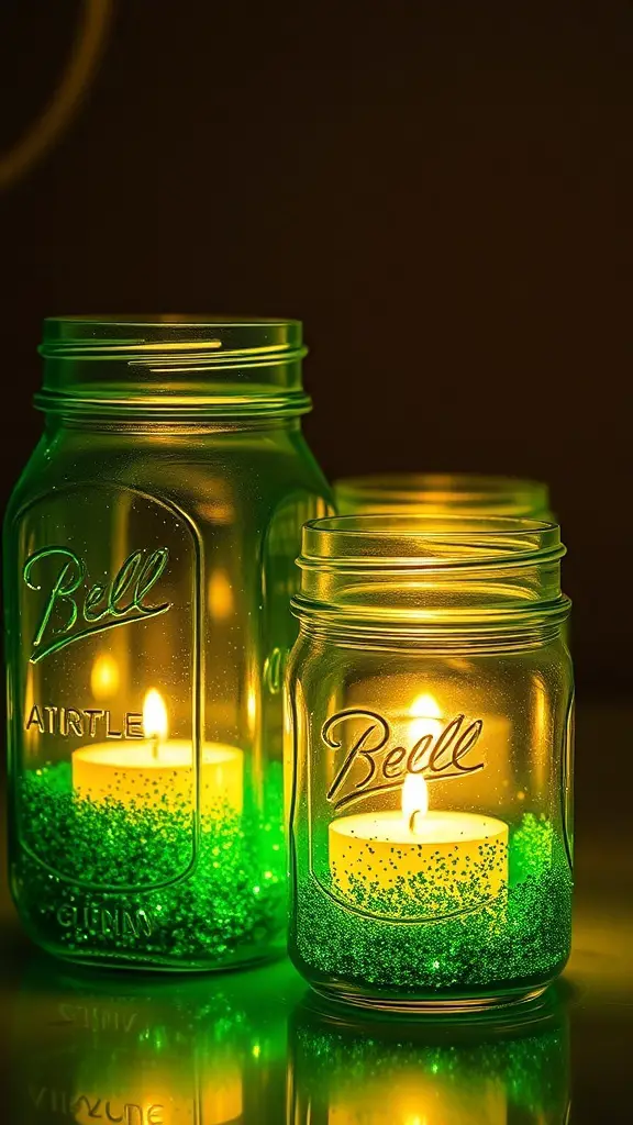 Green glitter mason jar lanterns with candles inside, glowing warmly.