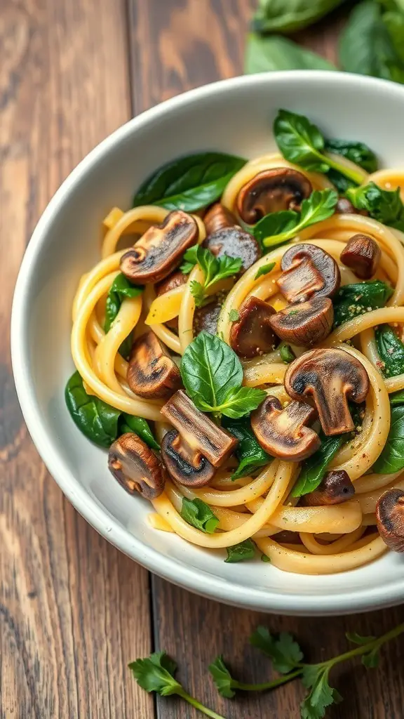 A bowl of savory mushroom and spinach pasta with fresh ingredients.