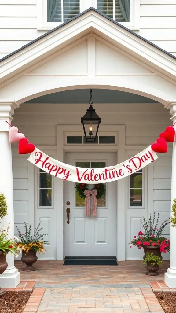 23+ Gorgeous Valentine's Day Porch Decor Ideas You’ll Love 15 A porch decorated with a 'Happy Valentine’s Day' banner and heart accents.