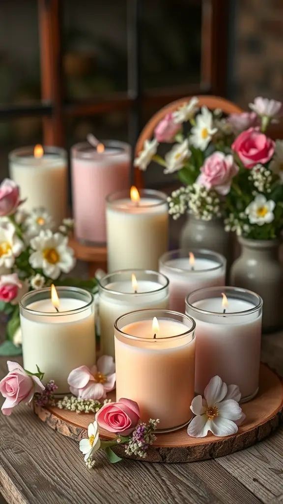 A collection of spring scented candles surrounded by flowers.