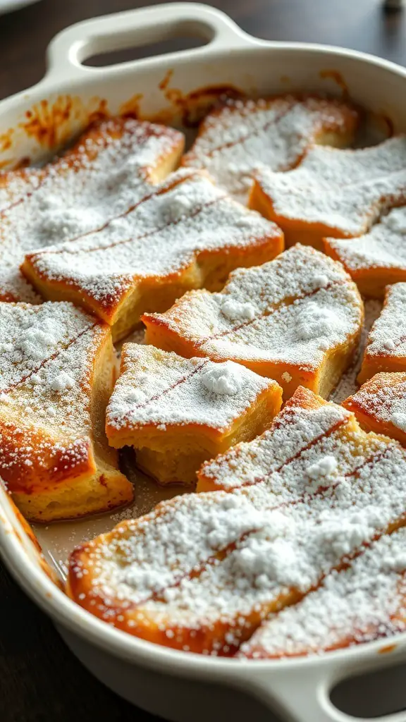 Baked French Toast Casserole with powdered sugar on top