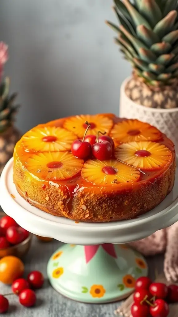 A delicious Pineapple Upside-Down Cake topped with pineapple slices and cherries, displayed on a colorful cake stand.