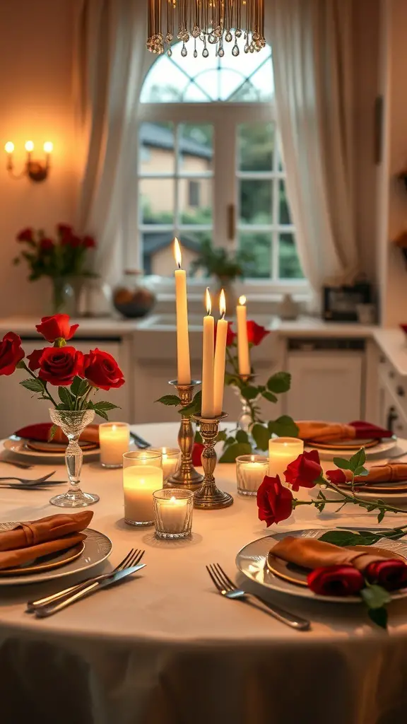 A romantic table setting with candles and roses, creating a warm atmosphere.