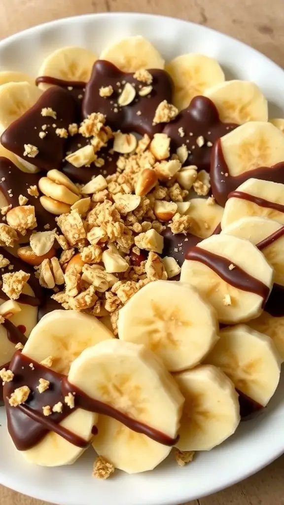 A plate of chocolate-covered banana bites topped with crushed nuts and granola.