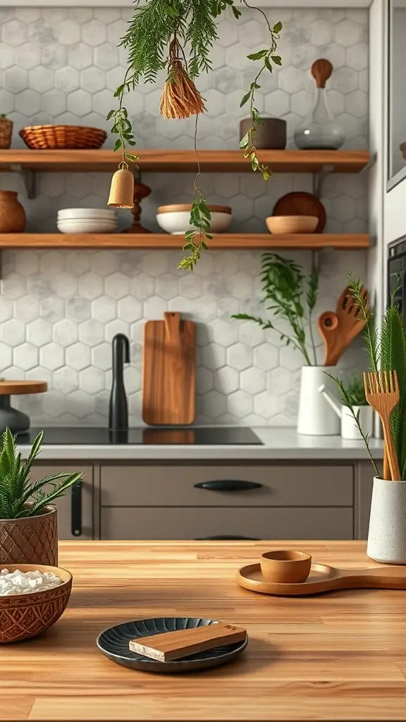 23+ Inspiring Kitchen Counter Styling Ideas to Elevate Your Space 12 A kitchen counter with natural elements, including hanging plants, wooden shelves, and earthy dishware.